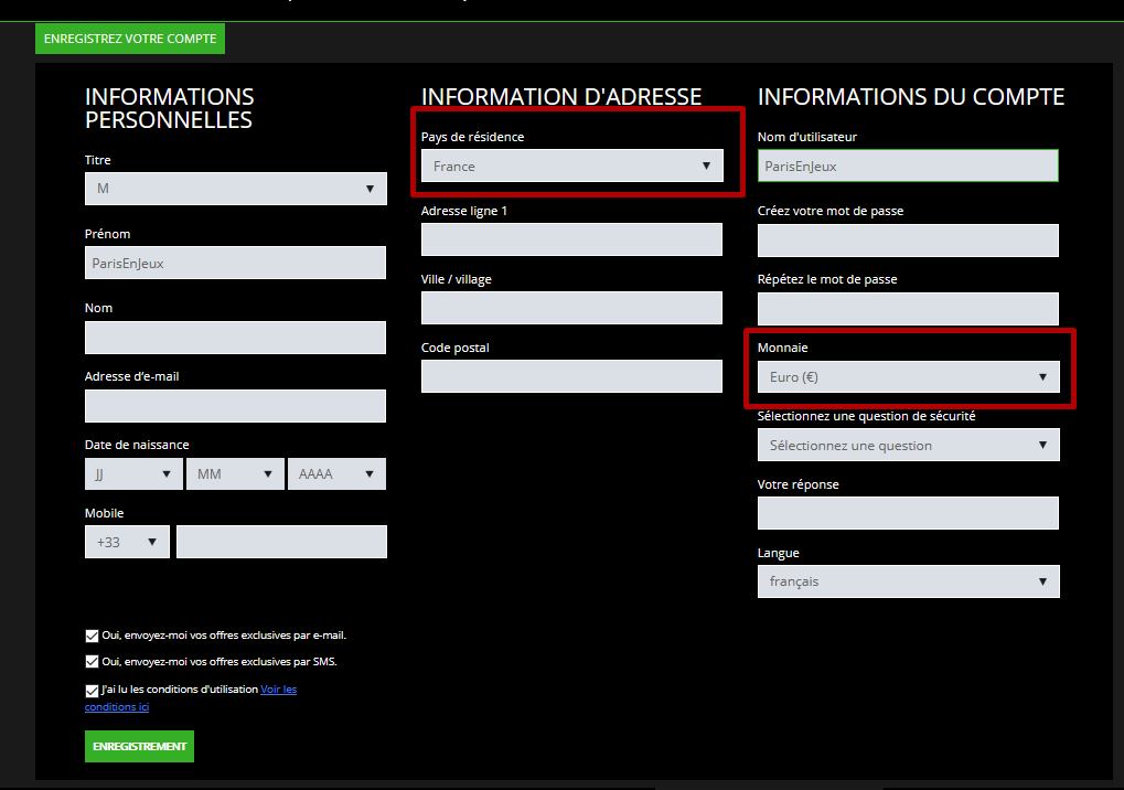 Formulaire d'inscription chez mrXbet